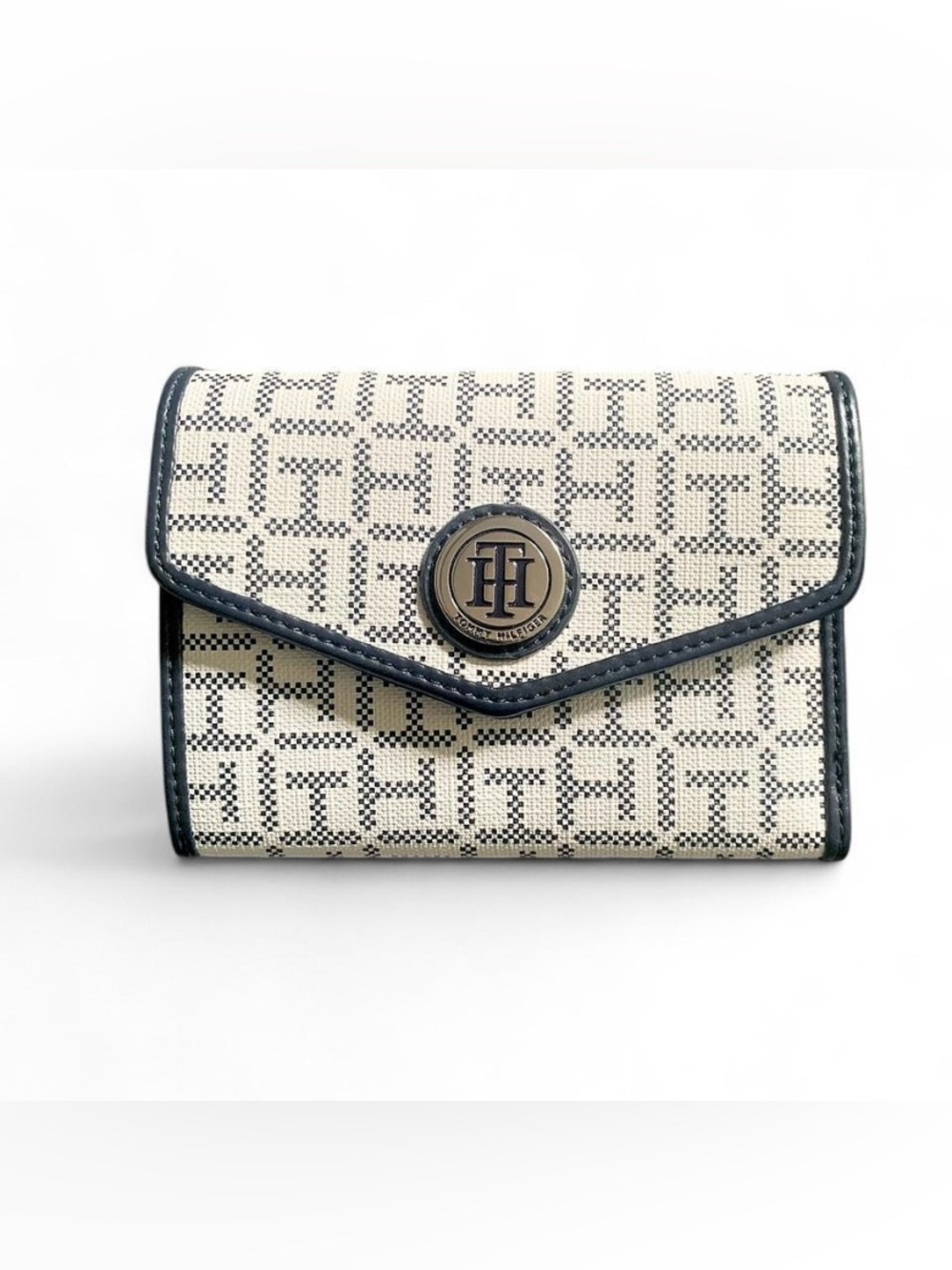 Tommy Hilfiger Monogram Envelope Flap Wallet Navy White EUC